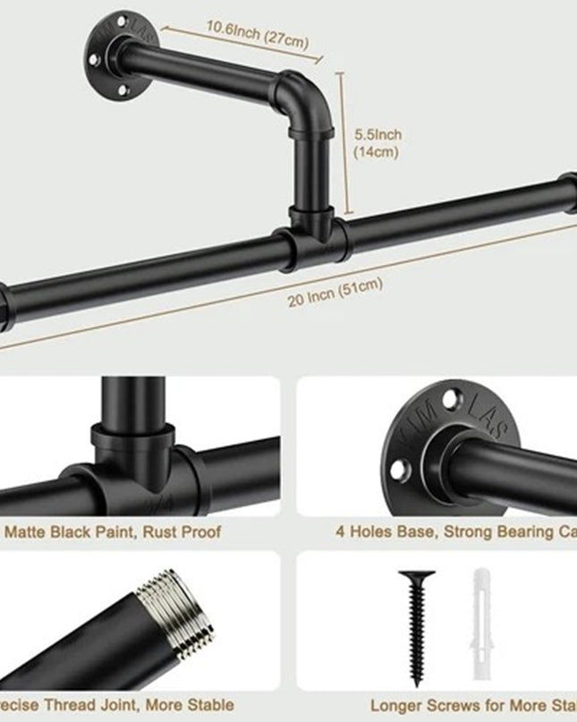 51 CM Industrial Pipe Clothing Rack Wall Mounted Clothes Rail Hanging Rack
