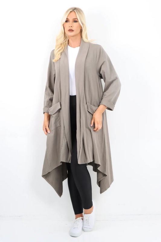 Italian Longline Waterfall Hanky Hem Open Front Longsleeve Cardigan