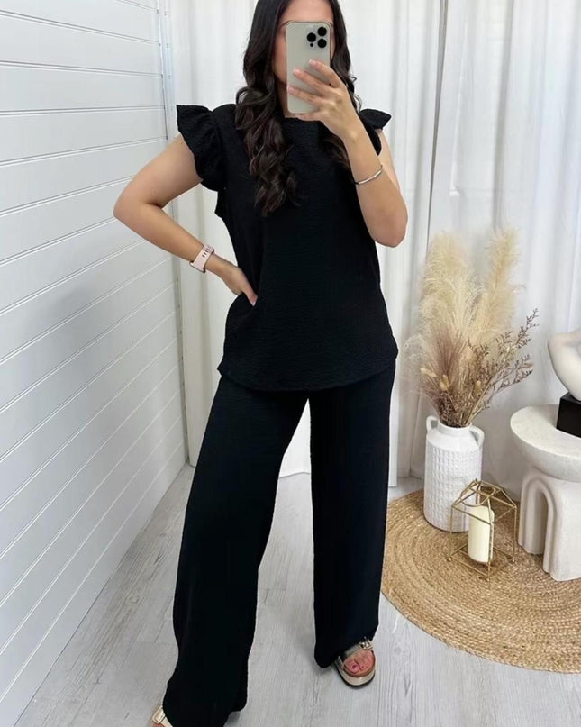 Women's Pop Corn Fabric Loungewear 2PCS Co Ord Frill Sleeve Top Trousers